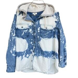 Easel Denim Shirt‎ Womens Small Blue White Tie Dye Button Up Hoodie Hooded Top
